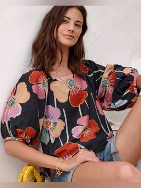Velvet by Graham & Spencer Jasmine Printed Top Floral Puff Sleeve Cotton Silk
